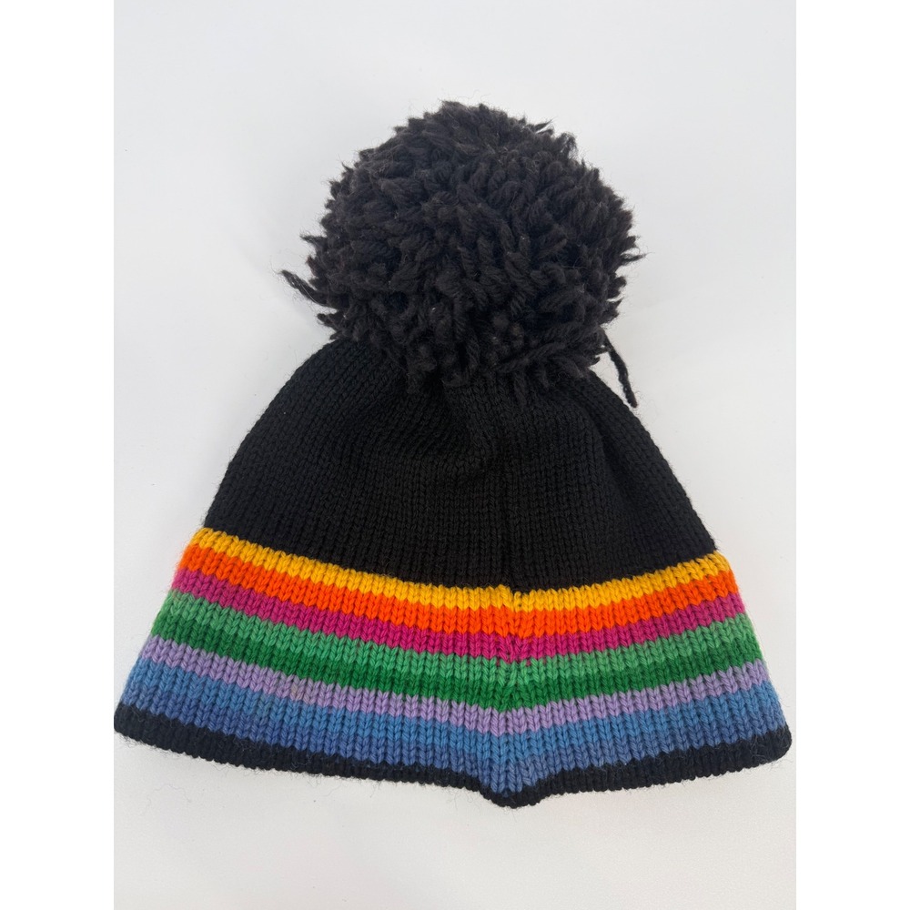 Morceau Sports Womens‎ Black Rainbow Striped Pom Pom Beanie 100% Wool Made USA